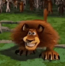 a cartoon lion is smiling while standing in a field .