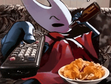 a cartoon character is sitting on a couch holding a remote and a bottle of beer