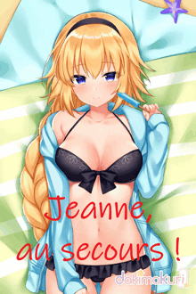a picture of a girl in a bikini with the words jeanne au secours written on it