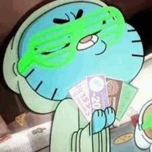 gumball from the amazing world of gumball is holding a pile of money .