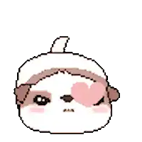 a pixel art drawing of a brown and white dog with a pink heart behind it .
