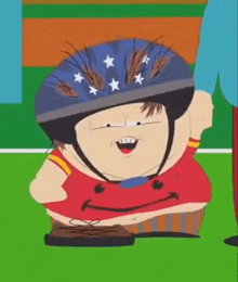 a cartoon character is wearing a helmet with stars on it .