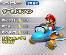 a cartoon of mario riding a dolphin shaped vehicle in a video game