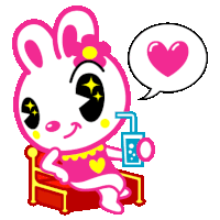 a cartoon of a bunny sitting on a chair holding a cup