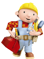 bob the builder is holding a red toolbox and a ruler