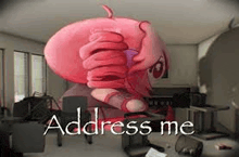 a pink cartoon character is holding a pink heart in a room .