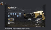 a screenshot of a video game shows a gun called the wardens hand cannon