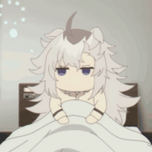a cartoon character with white hair and blue eyes is sitting in bed