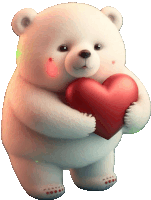 a white teddy bear holding a red heart in its arms