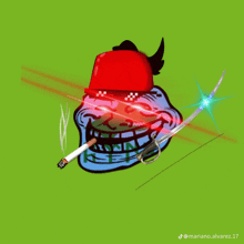 a troll with a red hat smoking a cigarette and holding a sword