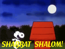 a cartoon of snoopy with the words shabbat shalom in yellow letters