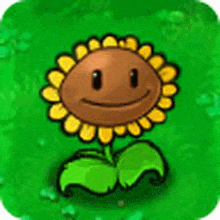 a cartoon sunflower with a face on it is sitting on top of a green field .