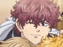 a close up of a person 's face with curly hair in a anime .