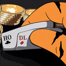 a cartoon of a hand holding a playing card that says ho dl on it