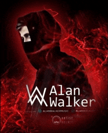 a poster for alan walker shows a man in a black hoodie