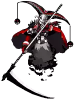 a pixel art illustration of a jester holding a scythe
