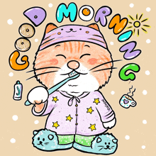 a cartoon of a cat brushing its teeth with the words " good morning " surrounding it