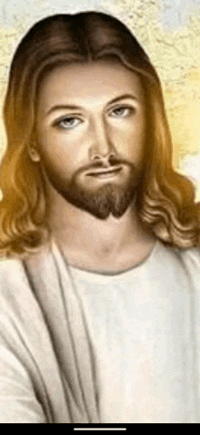 a close up of jesus ' face with long hair and a beard .