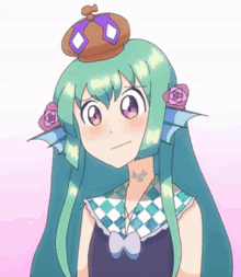 a girl with long green hair and a purple crown on her head