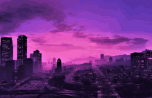 a city at night with a purple sky and purple clouds