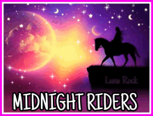 a poster for midnight riders features a woman riding a horse on a cliff