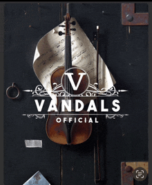 a violin is hanging on a black door with the words vandals official above it