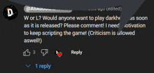 a screenshot of a facebook post asking if anyone would want to play darkhe as it is released