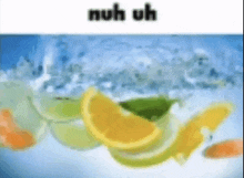 a blurry picture of a bowl of fruit with the words `` nuh uh '' on the bottom .