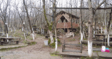 a wooden swing is hanging from a tree in the woods