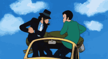 two men are sitting in a yellow car with a blue sky behind them