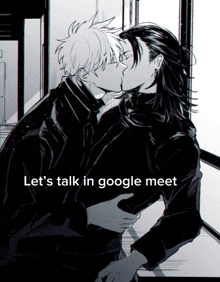 a drawing of two men kissing with the words let 's talk in google meet below them