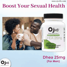 a man and woman sit next to a bottle of ojus dha 25mg