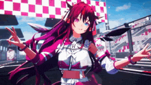 a girl with red hair and blue eyes is standing in front of a checkered fence