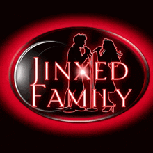 a poster for jinxed family with a man and woman singing into microphones