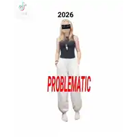 a woman in a black tank top and white sweatpants is standing in front of a white background with the year 2026 written on it