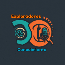 a logo for exploradores conocimiento with a microphone in the center