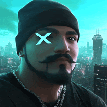 a man with a beard and mustache has an x on his left eye