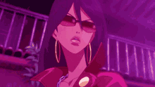 a cartoon girl wearing sunglasses and a pink jacket is making a funny face