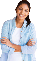 a smiling woman with her arms crossed is wearing a blue shirt