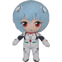 a stuffed doll with blue hair and red eyes has the number 20 on her chest