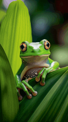 a green frog sitting on a green leaf looking at the camera