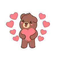 a brown teddy bear is holding a large heart surrounded by hearts
