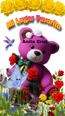 a purple teddy bear is surrounded by yellow roses and flowers and says mi lugar favorito