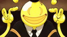 a cartoon character with a smiley face and bananas on his head is wearing a suit and tie .