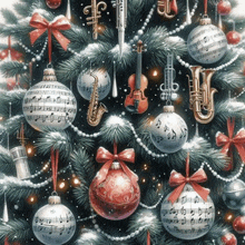 a christmas tree is decorated with musical instruments and balls with music notes on them