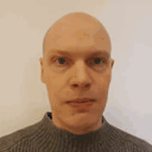 a man with a bald head is wearing a gray sweater and looking at the camera .