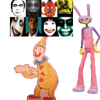 a clown and a rabbit are standing next to each other in front of a collage of scary faces