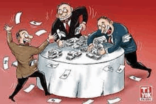 a cartoon of three men standing around a table with money on it .