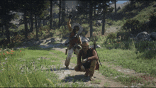 two men standing in a field with one holding a spear