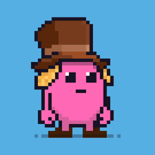 a pixel art drawing of a pink character wearing a brown hat